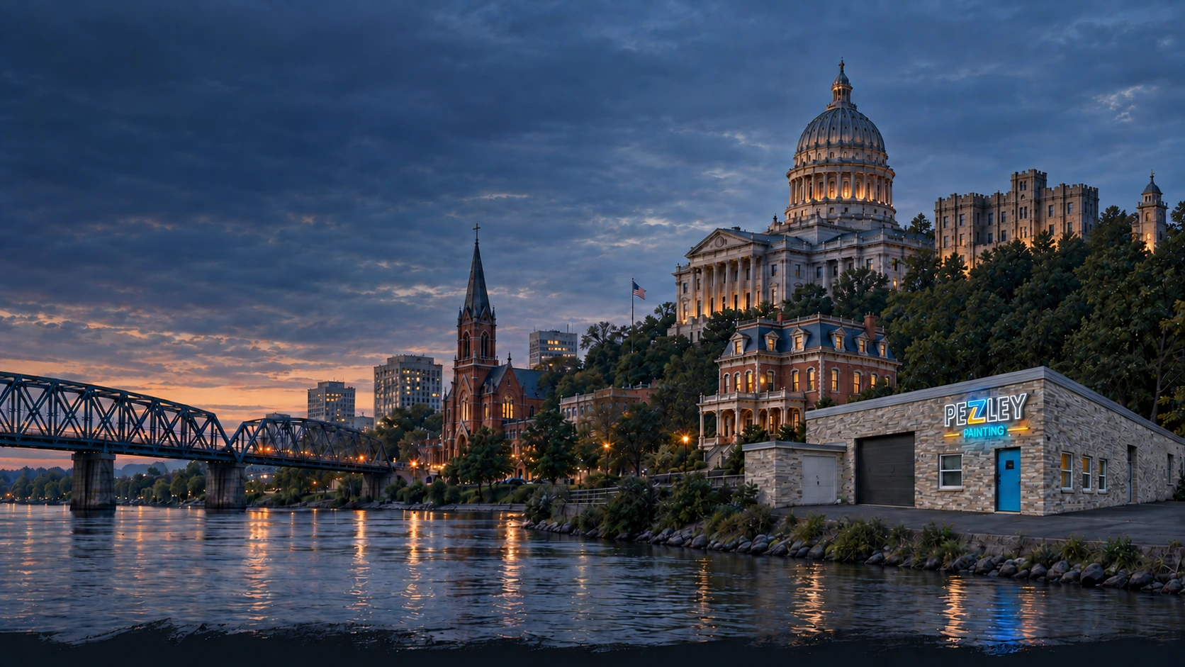An illustrated Jefferson City riverfront at dusk with the Capitol, Governor’s Mansion, Missouri State Penitentiary, bridge, and Pezley Painting shop with its glowing neon sign